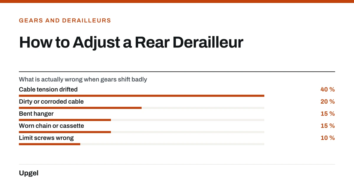 How to Adjust a Rear Derailleur. What is actually wrong when gears shift badly — Cable tension drifted: 40 %; Dirty or corroded cable: 20 %; Bent hanger: 15 %; Worn chain or cassette: 15 %; Limit screws wrong: 10 %.