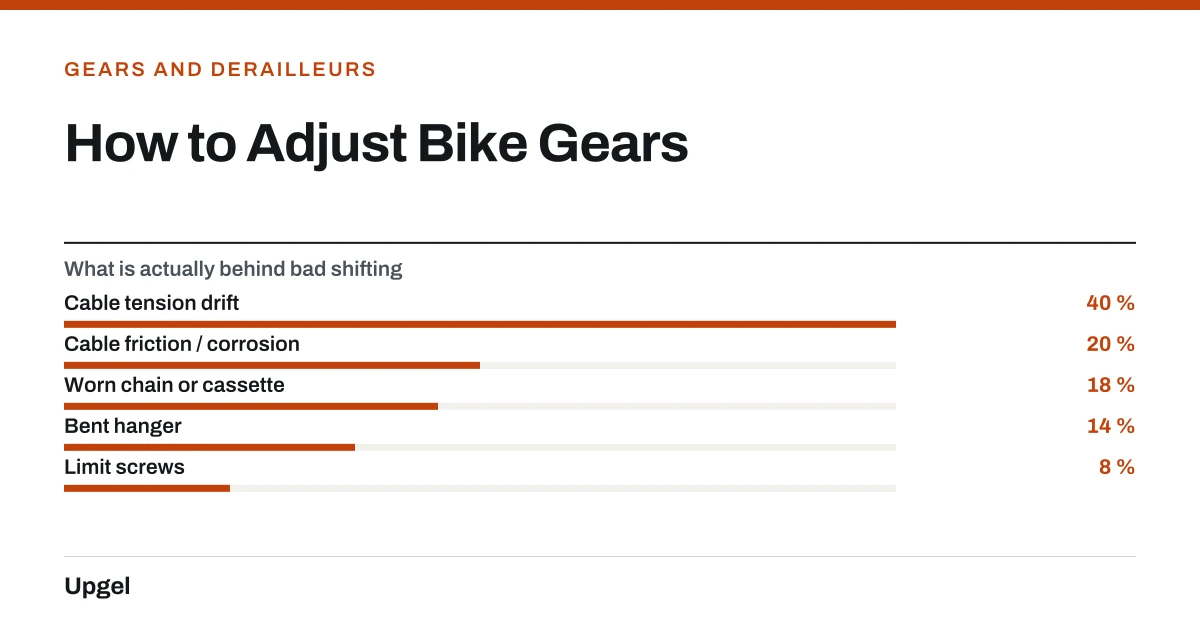 How to Adjust Bike Gears. What is actually behind bad shifting — Cable tension drift: 40 %; Cable friction / corrosion: 20 %; Worn chain or cassette: 18 %; Bent hanger: 14 %; Limit screws: 8 %.