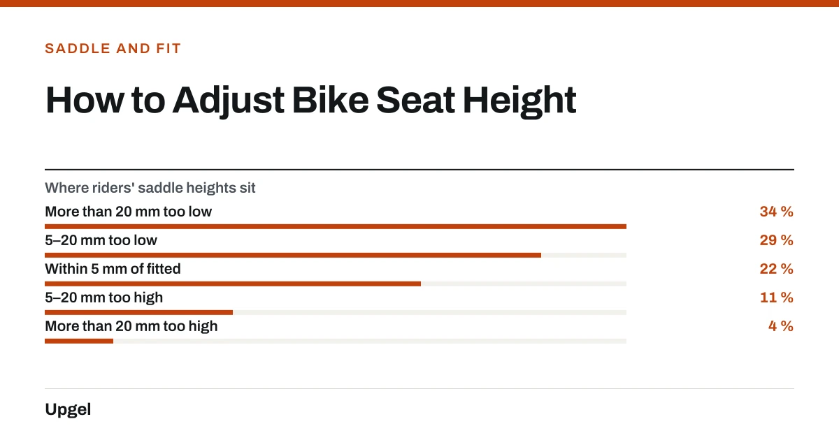 How to Adjust Bike Seat Height. Where riders' saddle heights sit — More than 20 mm too low: 34 %; 5–20 mm too low: 29 %; Within 5 mm of fitted: 22 %; 5–20 mm too high: 11 %; More than 20 mm too high: 4 %.