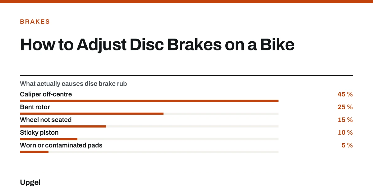 How to Adjust Disc Brakes on a Bike. What actually causes disc brake rub — Caliper off-centre: 45 %; Bent rotor: 25 %; Wheel not seated: 15 %; Sticky piston: 10 %; Worn or contaminated pads: 5 %.