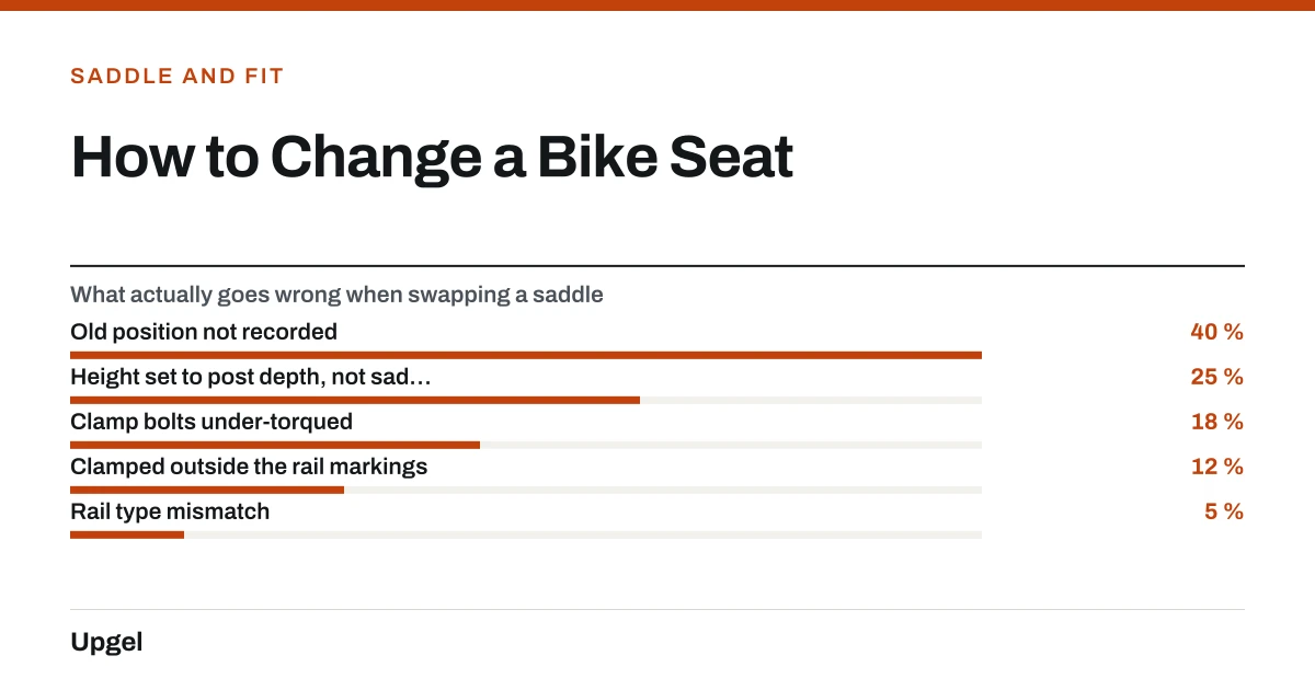 How to Change a Bike Seat. What actually goes wrong when swapping a saddle — Old position not recorded: 40 %; Height set to post depth, not saddle top: 25 %; Clamp bolts under-torqued: 18 %; Clamped outside the rail markings: 12 %; Rail type mismatch: 5 %.