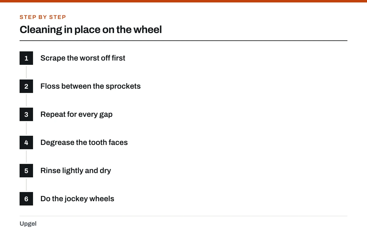 Cleaning in place on the wheel: 1. Scrape the worst off first; 2. Floss between the sprockets; 3. Repeat for every gap; 4. Degrease the tooth faces; 5. Rinse lightly and dry; 6. Do the jockey wheels.