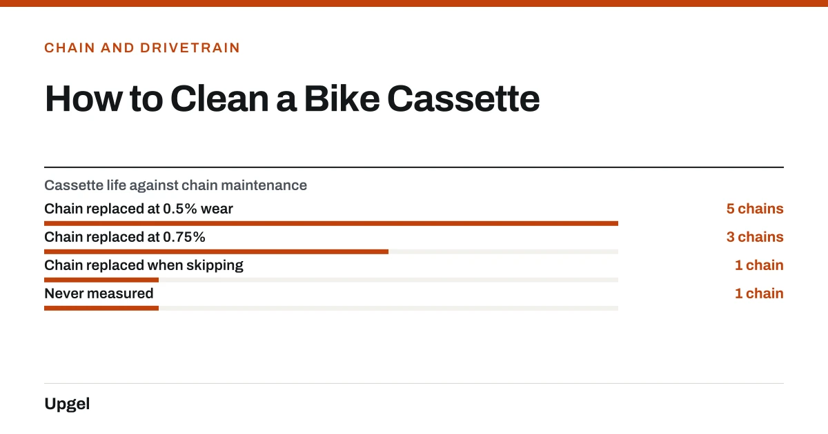 How to Clean a Bike Cassette. Cassette life against chain maintenance — Chain replaced at 0.5% wear: 5 chains; Chain replaced at 0.75%: 3 chains; Chain replaced when skipping: 1 chain; Never measured: 1 chain.