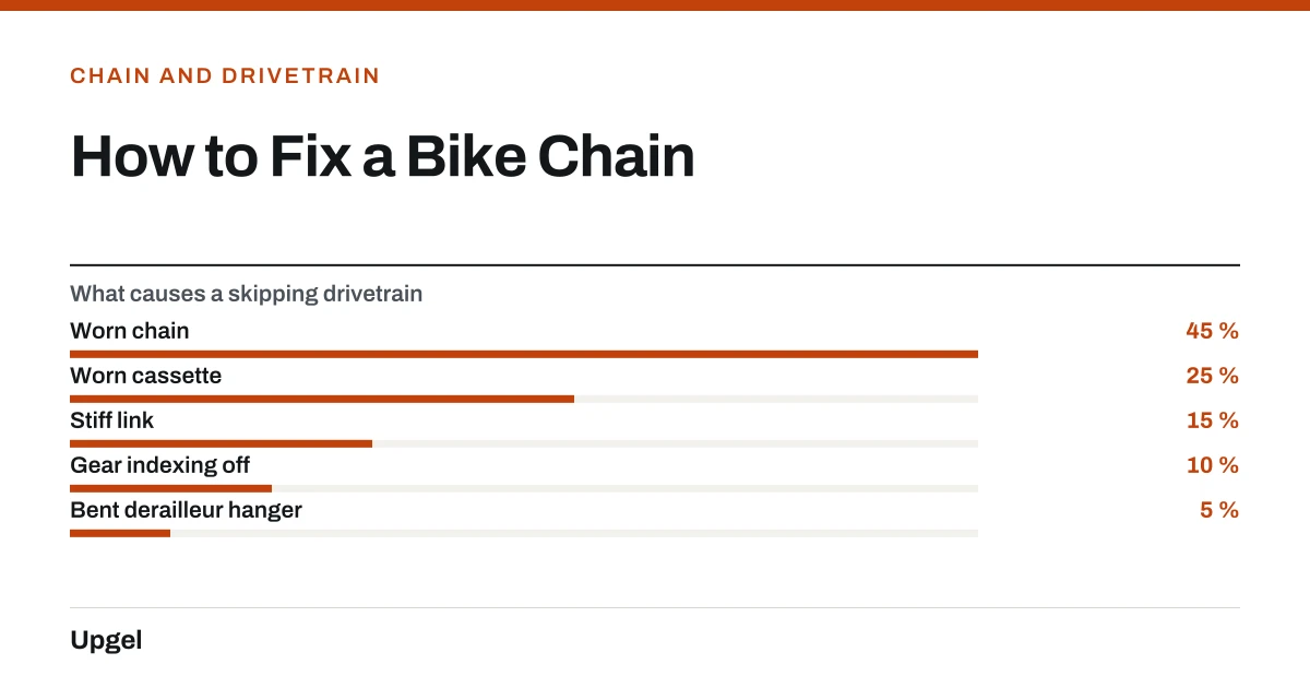 How to Fix a Bike Chain. What causes a skipping drivetrain — Worn chain: 45 %; Worn cassette: 25 %; Stiff link: 15 %; Gear indexing off: 10 %; Bent derailleur hanger: 5 %.
