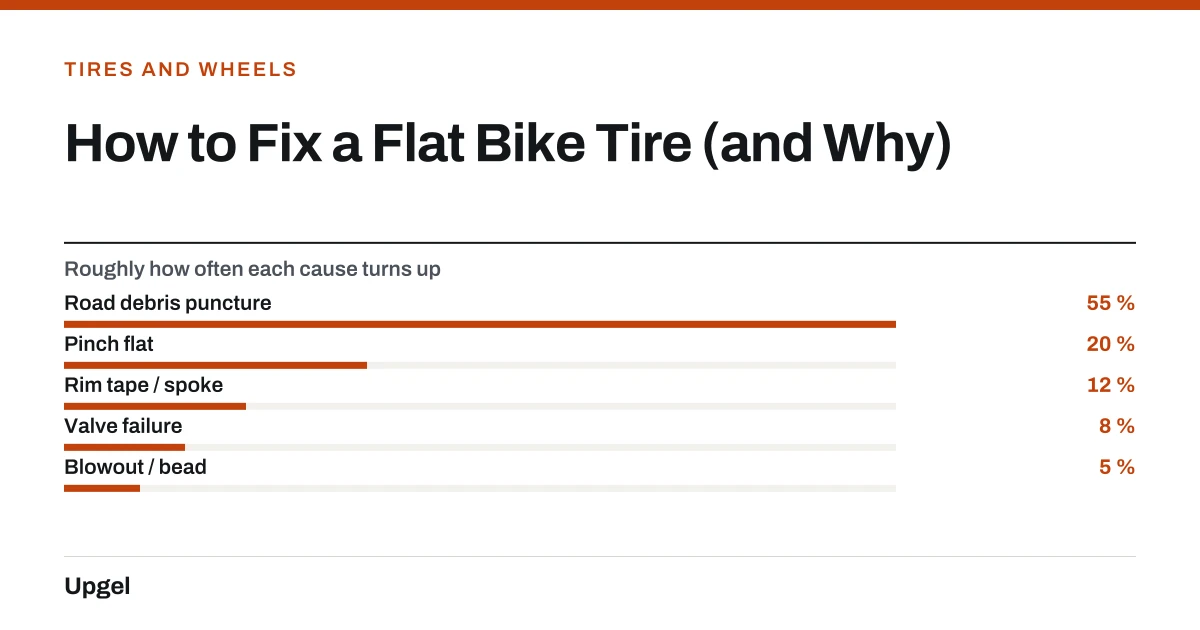 How to Fix a Flat Bike Tire (and Why). Roughly how often each cause turns up — Road debris puncture: 55 %; Pinch flat: 20 %; Rim tape / spoke: 12 %; Valve failure: 8 %; Blowout / bead: 5 %.