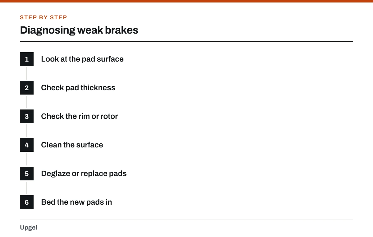 Diagnosing weak brakes: 1. Look at the pad surface; 2. Check pad thickness; 3. Check the rim or rotor; 4. Clean the surface; 5. Deglaze or replace pads; 6. Bed the new pads in.