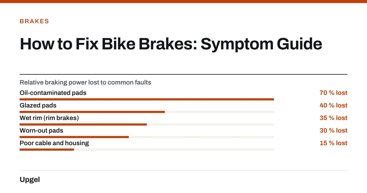 How to Fix Bike Brakes: Symptom Guide. Relative braking power lost to common faults — Oil-contaminated pads: 70 % lost; Glazed pads: 40 % lost; Wet rim (rim brakes): 35 % lost; Worn-out pads: 30 % lost; Poor cable and housing: 15 % lost.