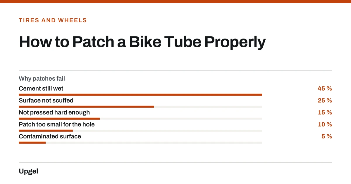 How to Patch a Bike Tube Properly. Why patches fail — Cement still wet: 45 %; Surface not scuffed: 25 %; Not pressed hard enough: 15 %; Patch too small for the hole: 10 %; Contaminated surface: 5 %.