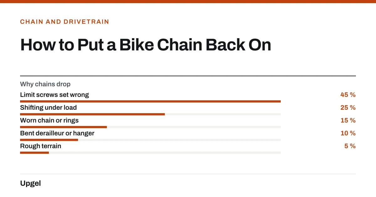How to Put a Bike Chain Back On. Why chains drop — Limit screws set wrong: 45 %; Shifting under load: 25 %; Worn chain or rings: 15 %; Bent derailleur or hanger: 10 %; Rough terrain: 5 %.