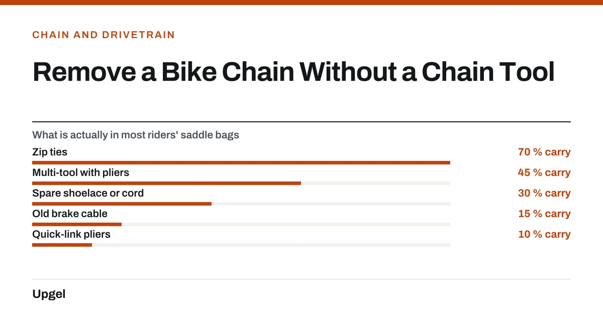 Remove a Bike Chain Without a Chain Tool. What is actually in most riders' saddle bags — Zip ties: 70 % carry; Multi-tool with pliers: 45 % carry; Spare shoelace or cord: 30 % carry; Old brake cable: 15 % carry; Quick-link pliers: 10 % carry.