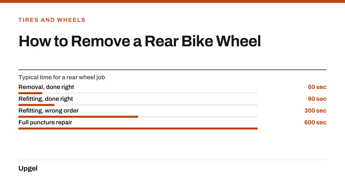 How to Remove a Rear Bike Wheel. Typical time for a rear wheel job — Removal, done right: 60 sec; Refitting, done right: 90 sec; Refitting, wrong order: 300 sec; Full puncture repair: 600 sec.