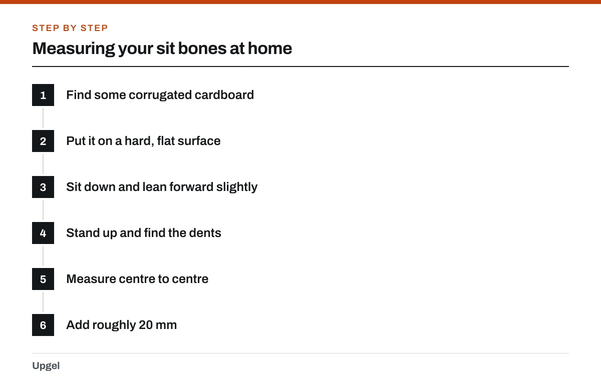 Measuring your sit bones at home: 1. Find some corrugated cardboard; 2. Put it on a hard, flat surface; 3. Sit down and lean forward slightly; 4. Stand up and find the dents; 5. Measure centre to centre; 6. Add roughly 20 mm.