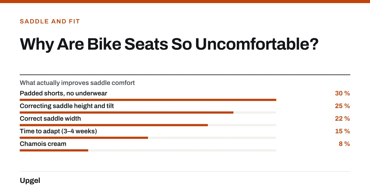 Why Are Bike Seats So Uncomfortable?. What actually improves saddle comfort — Padded shorts, no underwear: 30 %; Correcting saddle height and tilt: 25 %; Correct saddle width: 22 %; Time to adapt (3–4 weeks): 15 %; Chamois cream: 8 %.